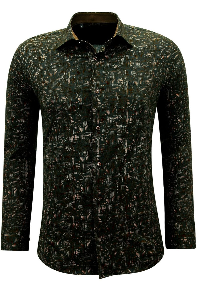 Groene longsleeve shirt met een gestructureerd patroon in oranje en beige. Bevat een kraag en bruine knopen aan de voorkant.