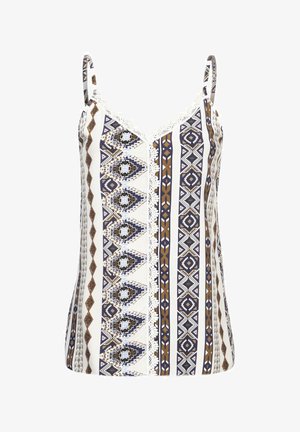 Ermeløs topp med geometriske mønstre i blått, brunt og hvitt, med blonderkant langs utringningen for ekstra detaljer.