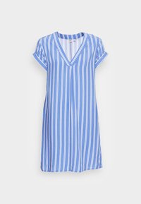 Blå och vit randig klänning med V-ringning, korta uppvikta ärmar och löst snitt. Tillverkad av lättviktsklädsel med vertikala ränder.