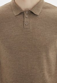 Polo marron à maille texturée. Doté d'un col classique et d'une patte de boutonnage à trois boutons. Légères variations d'épaisseur du tissu.