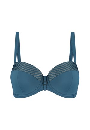 Reggiseno imbottito teal con spalline regolabili, dotato di una parte superiore in rete testurizzata con strisce e una piccola chiusura quadrata al centro.