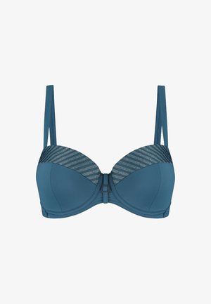 Tealowy stanik z wyściółką i regulowanymi ramiączkami, z teksturowaną siateczką w górnej części z paskami oraz małym kwadratowym zapięciem na środku.