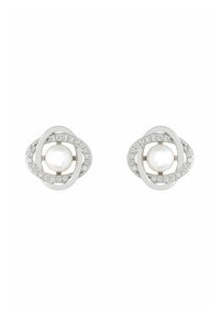 Silver stud earrings with central round pearls surrounded by asymmetrical diamond-studded loops, displayed against a white background.