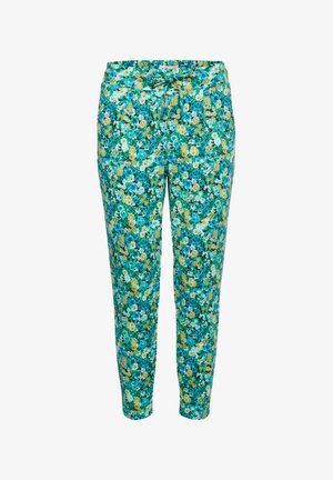 Blumenbedruckte Hose mit türkisfarbenem Hintergrund, versehen mit gelben und weißen Blumen, elastischem Taillenbund und Kordelzug-Detail.