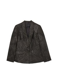 Blazer nero con un motivo metallico testurizzato a vortice. Presenta un colletto a risvolto, due tasche frontali e chiusura con un bottone.