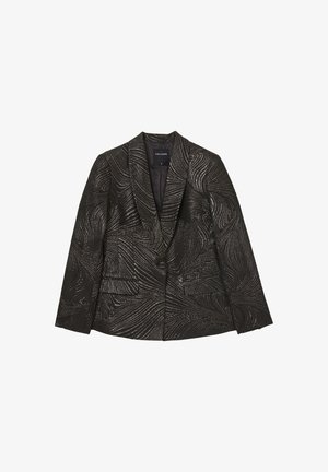 Veste noire avec un motif métallique texturé en tourbillon. Dotée d'un col cranté, de deux poches avant et d'une fermeture à bouton unique.