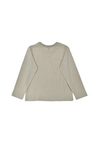 Camicia a maniche lunghe di colore grigio chiaro con strisce crema, dotata di un collo rotondo e di un tessuto morbido e strutturato. Vista posteriore mostrata.