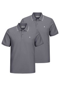 To grå polo T-shirts med korte ærmer, tekstureret stof, en klassisk krave og hvid accentdetaljering langs kraven og ærmerne.