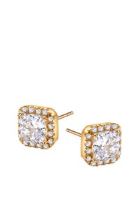 Złote kwadratowe kolczyki wkrętki z dużym, przezroczystym kryształem otoczonym mniejszymi, przezroczystymi kamieniami, które dodają faktury i szczegółowego akcentu.