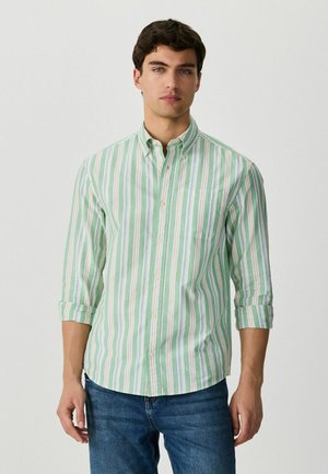 Mladý muž oblečený v zelenej, bielej a modrej zvislo pruhovanej košeli s vyhrnutými rukávmi a modrých džínsoch, stojaci pred jednoduchým pozadím.