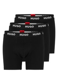 Zwarte stretch katoenen boxershorts, drie-pack. Beschikt over witte "HUGO" logo op de elastische tailleband, gladde textuur en aangesloten ontwerp.