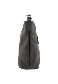 Borsa in tela grigia con silhouette strutturata, dotata di una maniglia superiore, tasca laterale e superficie texture. Accenti metallici in argento.