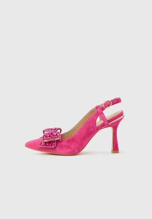 Pink suede high-heeled slingback shoe with a pointed toe and decorated with a large beaded bow on the front.