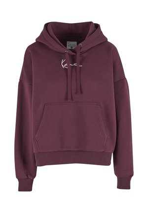 Hanorac burgundy cu glugă cu șnur, buzunar frontal tip cangur și manșete ribbed. Prezintă un logo semnătură alb pe piept. Textură netedă.