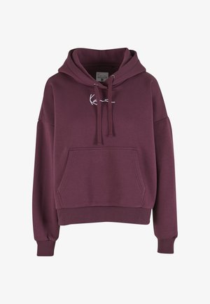 Bordeauxrode hoodie met een capuchon met trekkoord, een kangaroo-zak aan de voorkant en geribde manchetten. Heeft een wit handtekeninglogo op de borst. Soepele textuur.