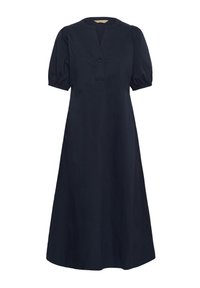 Robe midi noire avec manches courtes bouffantes, un seul bouton au col en V et une taille ajustée se déployant en jupe trapèze.