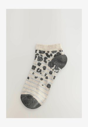 Ankle sock featuring a light beige base with black and gray leopard spots, striped pattern, and a dark gray toe and heel.