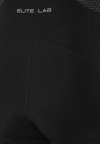Schwarze Radsportshorts aus dehnbarem Material, ausgestattet mit einem Netzpaneel, Nahtdetails und dem Logo "ELITE LAB" auf der Rückseite.