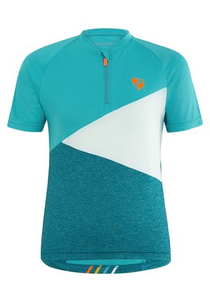 Maillot de cyclisme à manches courtes aux blocs de couleur bleu sarcelle, blanc et bleu, fermeture éclair à l'avant et petit logo orange sur la poitrine.