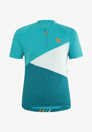 Short-sleeve cycling jersey with teal, white, and blue color blocks, front zipper, and small orange logo on chest.