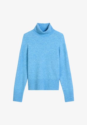 Light blue turtleneck sweater made from soft, textured fabric. Features ribbed cuffs and hem, with a relaxed fit and minimal seams.