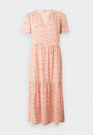 Midi φόρεμα με κοντά μανίκια, V-λαιμόκοψη και σφηκοειδή μέση με μοτίβο αφηρημένης λεοπάρδαλης σε πορτοκαλί, ροζ και άσπρο.