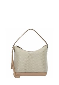 Borsa hobo con un corpo tessuto beige e crema, fondo in pelle beige e tracolla, caratterizzata da un dettaglio a nappa sul lato.