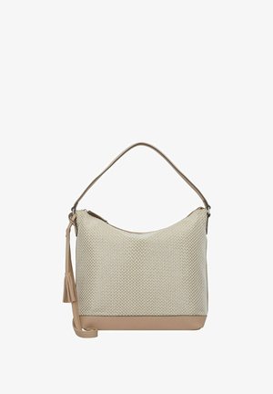 Borsa hobo con un corpo tessuto beige e crema, fondo in pelle beige e tracolla, caratterizzata da un dettaglio a nappa sul lato.