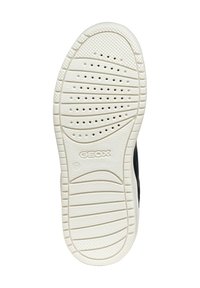 Semelle d'une sneaker avec un design en caoutchouc blanc texturé, pourvu de trous de ventilation et du logo "GEOX" visible sur le côté.