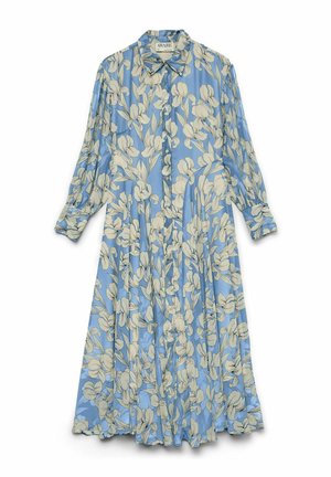 Robe bleue à manches longues avec motif floral blanc, devant boutonné et col avec revers, étalée à plat sur un fond blanc.