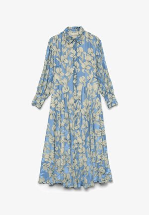 Robe bleue à manches longues avec motif floral blanc, devant boutonné et col avec revers, étalée à plat sur un fond blanc.