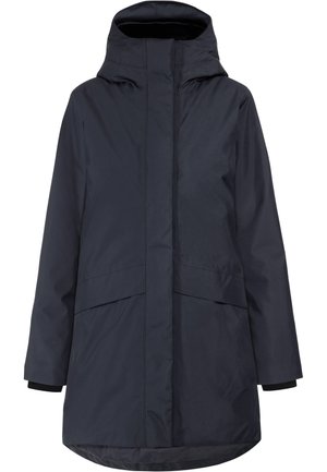 Marineblauer wasserdichter Parka mit Kapuze, ausgestattet mit einem Reißverschluss vorne, zwei großen Taschen und elastischen Bündchen. Glatte Textur, knielanges Design.