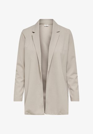 Beige long-sleeve blazer with a lapel collar, open front design, smooth texture, and no visible fastenings or pockets.