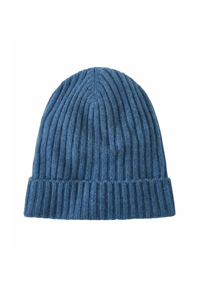 Cappello beanie a coste blu con risvolto, caratterizzato da un motivo testurizzato su tutta la superficie e una parte superiore rotonda.
