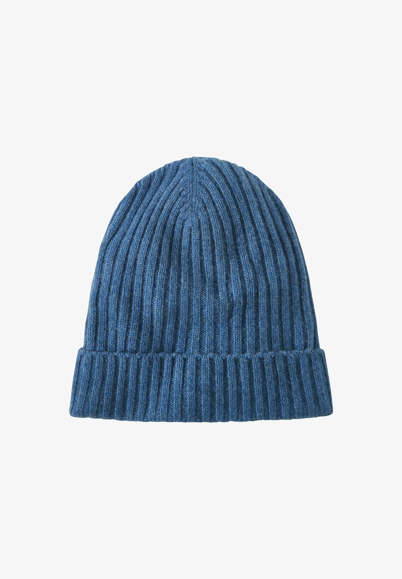 Blauwe geribbelde gebreide beanie met opgevouwen rand, met een gestructureerd patroon over het hele oppervlak en een ronde top.
