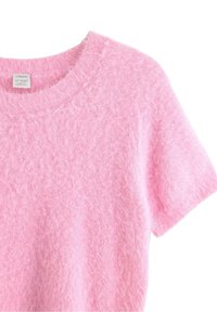 Maglione rosa a maniche corte realizzato in materiale soffice. Presenta uno scollo a coste e un tessuto morbido e strutturato. Aspetto leggero e accogliente.