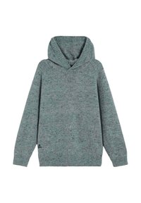 Suéter con capucha de punto verde moteado, mangas largas y puños y dobladillo acanalados, colocado plano sobre un fondo blanco.