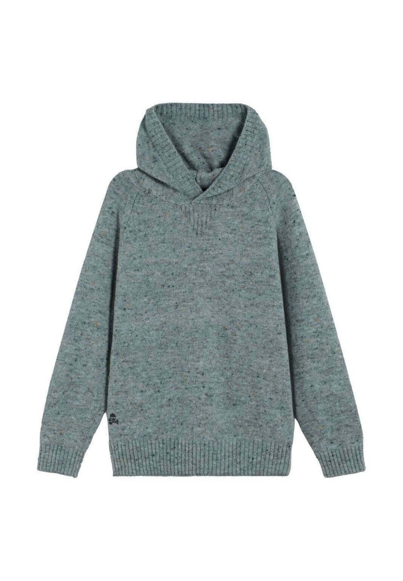 Suéter con capucha de punto verde moteado, mangas largas y puños y dobladillo acanalados, colocado plano sobre un fondo blanco.