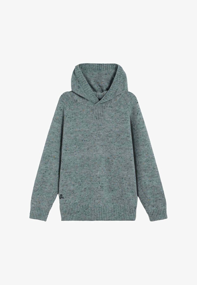 Suéter con capucha de punto verde moteado, mangas largas y puños y dobladillo acanalados, colocado plano sobre un fondo blanco.