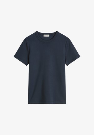 Navy blue cotton t-shirt with a round neckline and short sleeves. The fabric appears smooth with no visible patterns or accents.