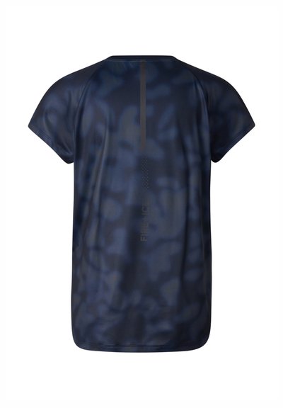 Dunkelblaues kurzärmeliges Sportshirt mit dezentem Tarnmuster und einem vertikalen Lüftungsstreifen in der Rückenmitte.