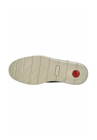 Suola in gomma per sneaker con un motivo cremoso a texture e un accento circolare rosso prominente. Presenta scanalature durevoli per la trazione.