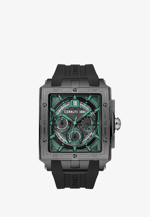 Reloj de pulsera cuadrado negro Cerruti 1881 con múltiples esferas, acentos en azul verdoso, indicador de fecha a las 12 en punto y correa de caucho negra.