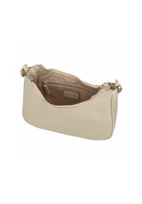 Beige Leder-Umhängetasche mit glatter Textur, geschwungener Form, Reißverschluss und Innentasche. Minimalistisches Design mit metallischen Akzenten.