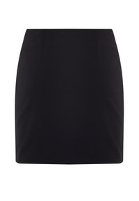 Černá tužková sukně s hladkým povrchem, vysokým pasem a přímým střihem. Vyznačuje se čistými liniemi a žádnými viditelnými zapínáními nebo ozdobami.