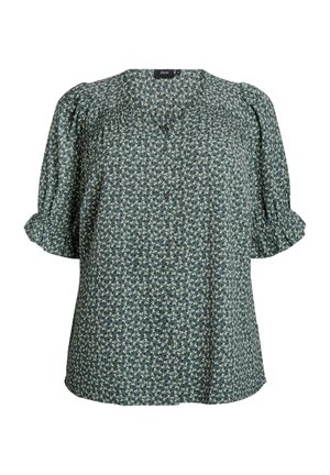 Dark green blouse featuring small white floral print, short puffed sleeves, v-neckline, and buttons down the front. Soft, lightweight fabric.
