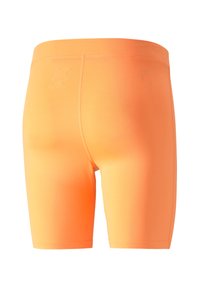 Orangene Sportshorts mit einer glatten, dehnbaren Textur, ausgestattet mit einem breiten Bund und einem figurbetonten Design. Keine sichtbaren Marken oder Muster.