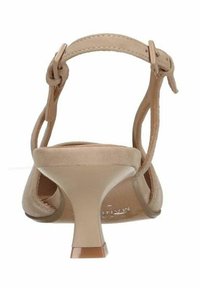 Naakt hoge hak schoen met een gladde suede afwerking, open achterkant, verstelbare enkelband en een slanke, transparante hak.