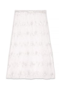 Witte, knielange rok met bloeiende paillettenversieringen. Gemaakt van lichtgewicht stof met een iets doorzichtige textuur en een gebogen zoom.