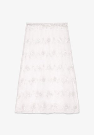 White, knee-length skirt featuring floral sequin embellishments. Made of lightweight fabric with a slightly sheer texture and curved hem.